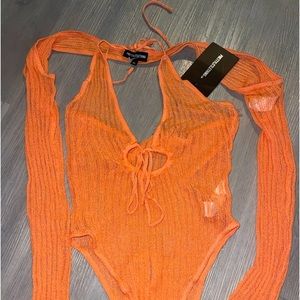 Plus peach sheer knit Bodysuit with sleeves XL or L